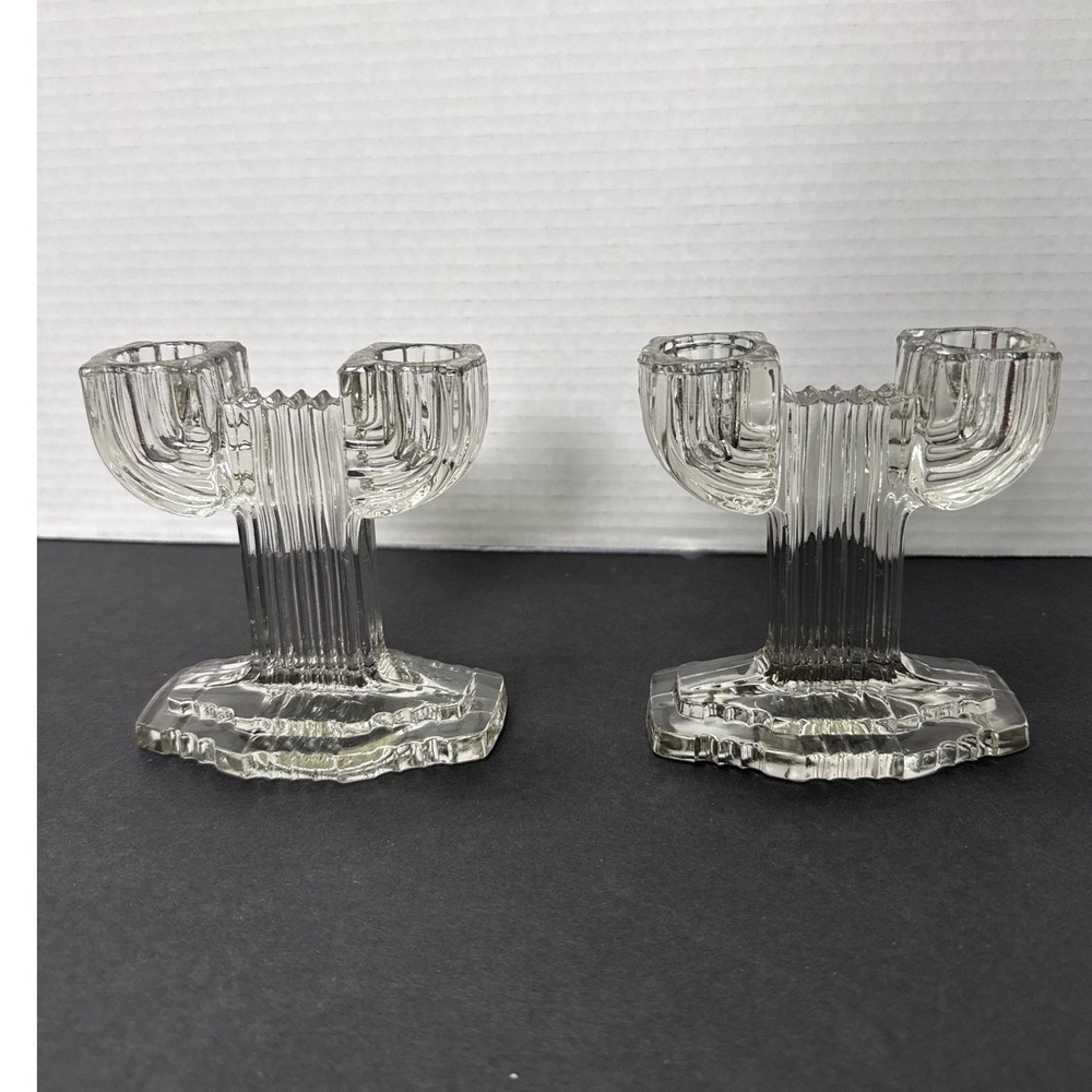 VTG Anchor Hocking Art Deco Clear Glass Queen Mary Double Candle Holder Pair